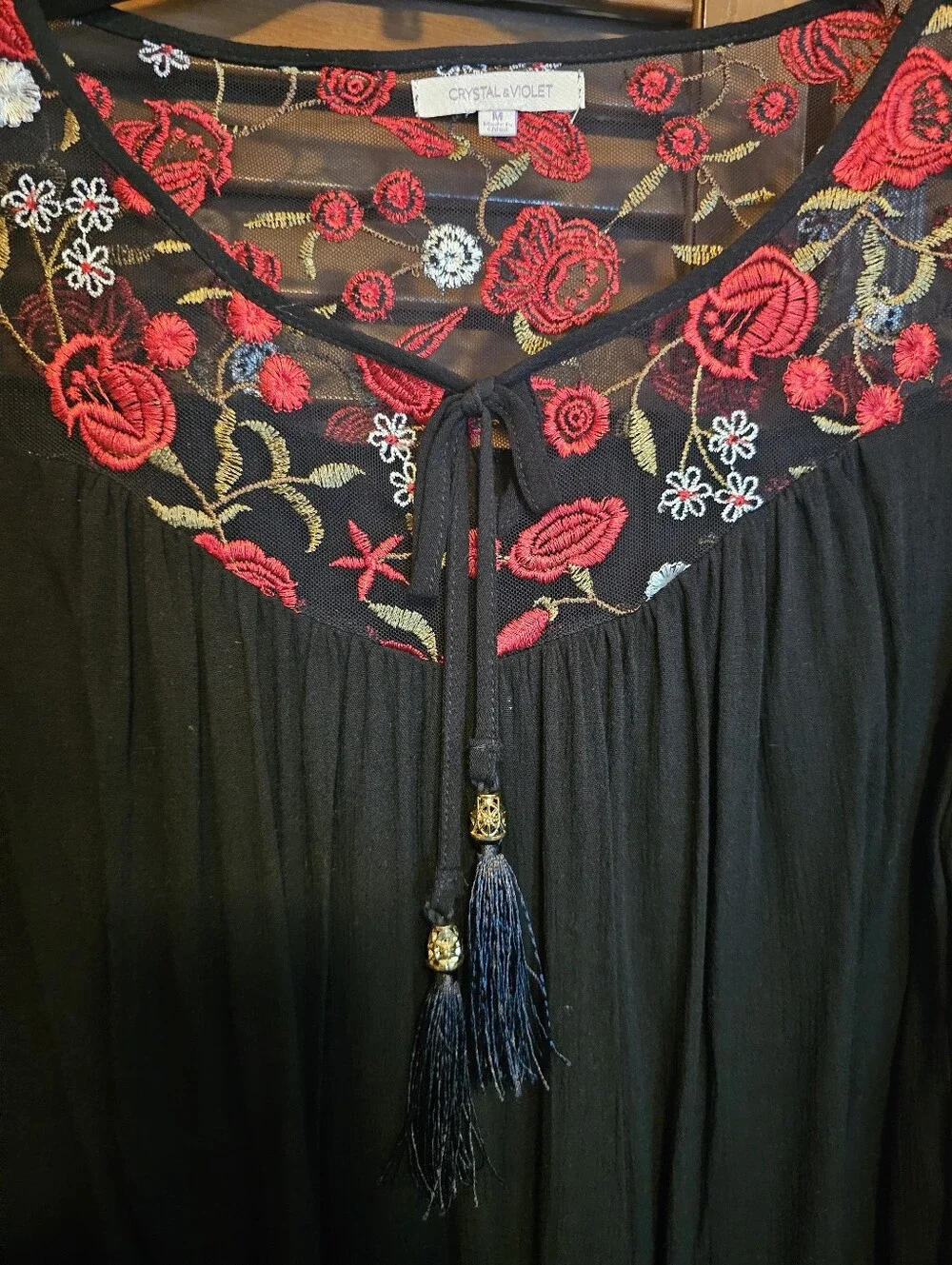Crystal & Violet Black Embroidered Boho Blouse — Size Medium